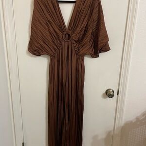 Elegant Brown Evening one piece long pant flare sleeves romper.